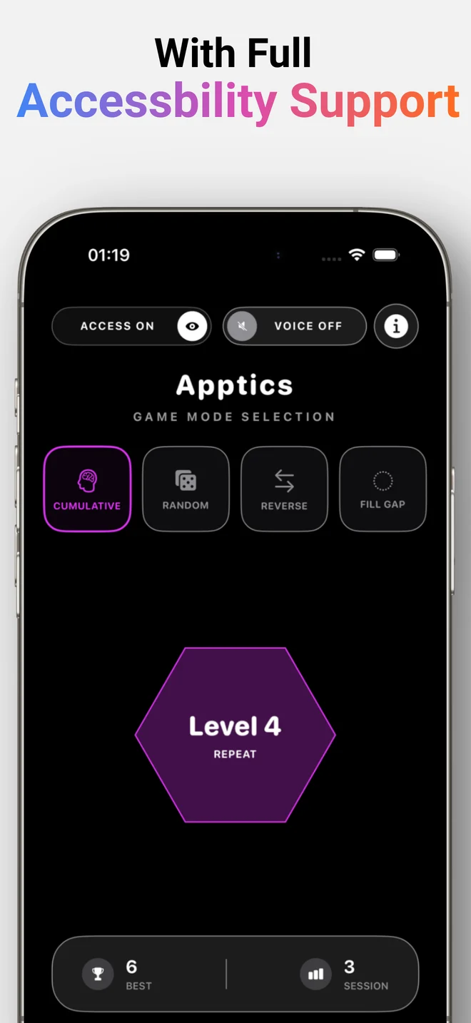 Apptics في وضع إمكانية الوصول مع واجهة عالية التباين وعناصر تحكم صوتية