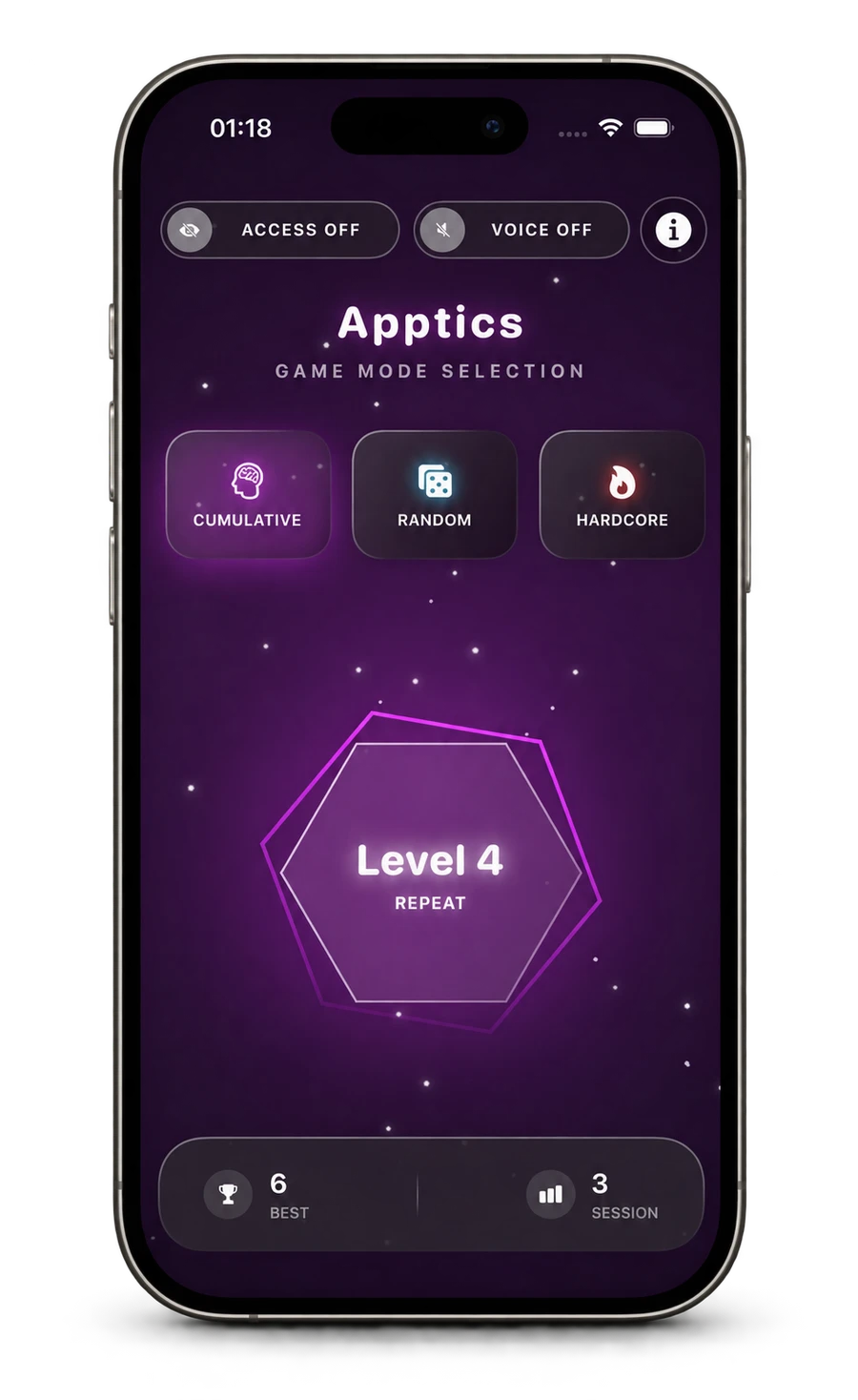 لعبة ذاكرة الاهتزاز Apptics على iPhone المستقيمة مع ظل أرضي ناعم