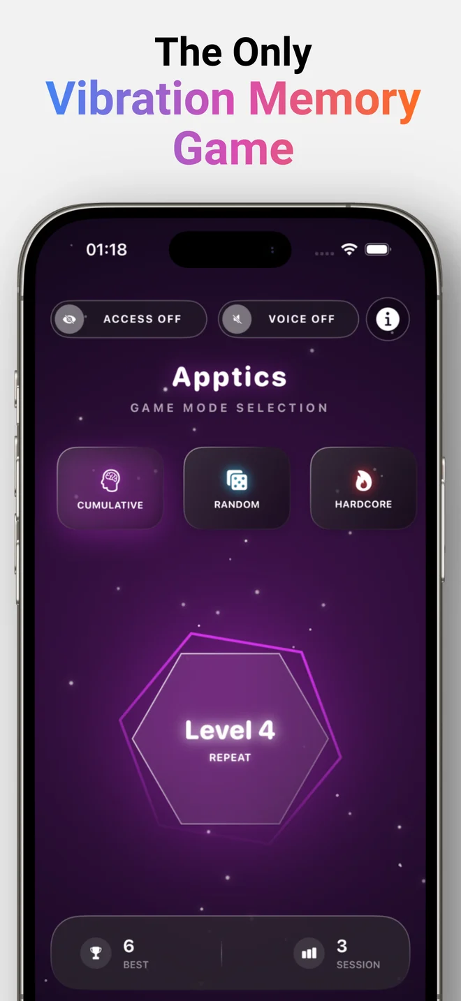 شاشة اللعبة Apptics iPhone تعرض تسلسل الاهتزاز من المستوى الرابع