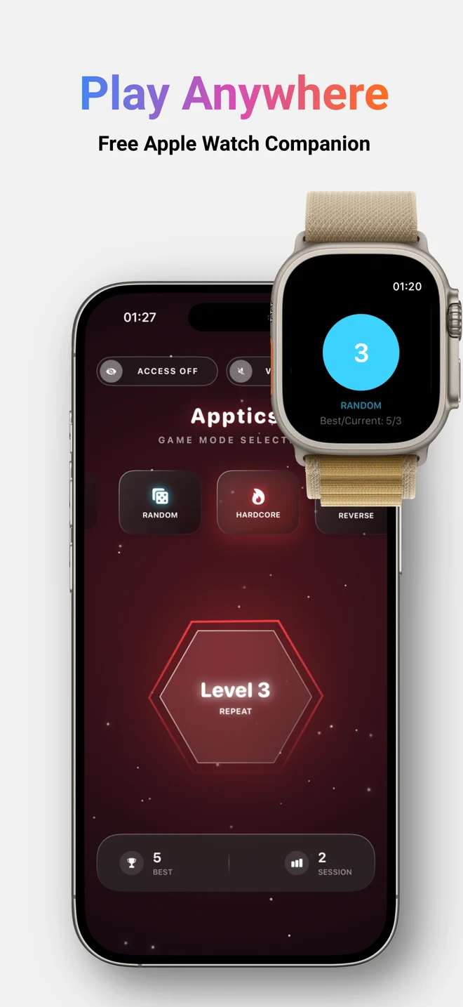 رفيق Apptics Apple Watch بجانب لعبة iPhone