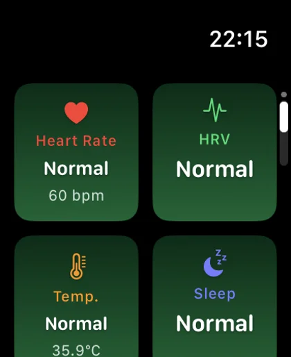 Apple Watch app showing heart rate, HRV, temperature and sleep metrics