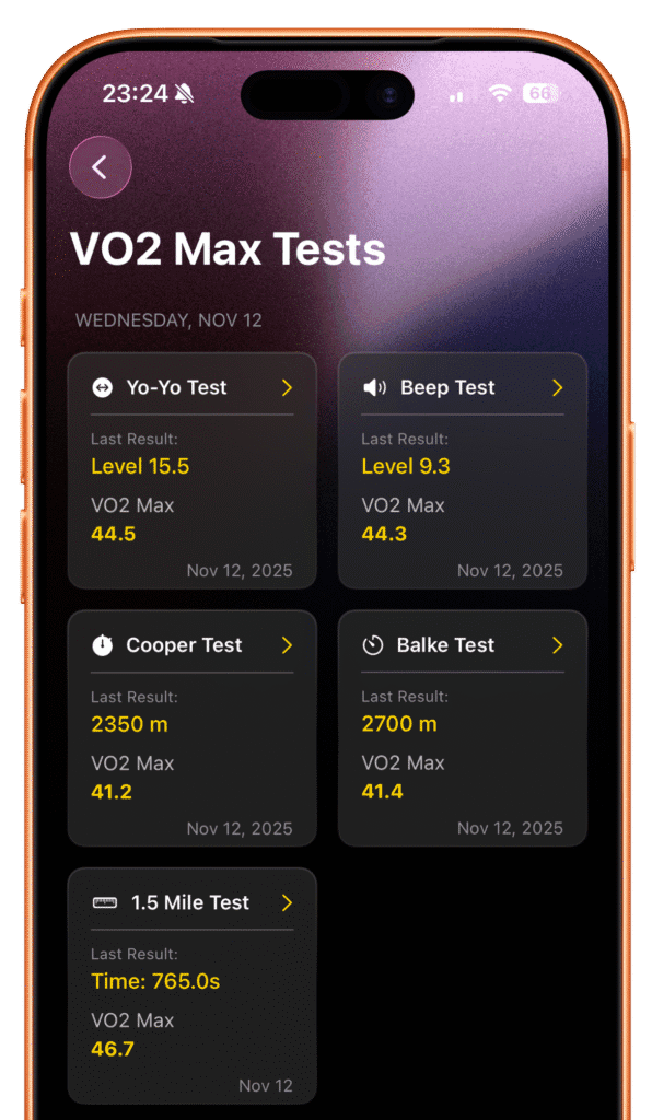 VO2 MAXimizer page showing the different alternative tot he beep test
